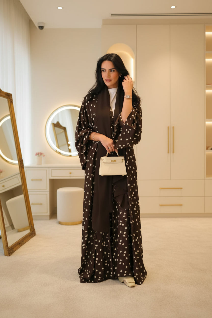 Dark Brown Polka Dot Abaya and Hijab Set for Everyday Wear, product view 1 1